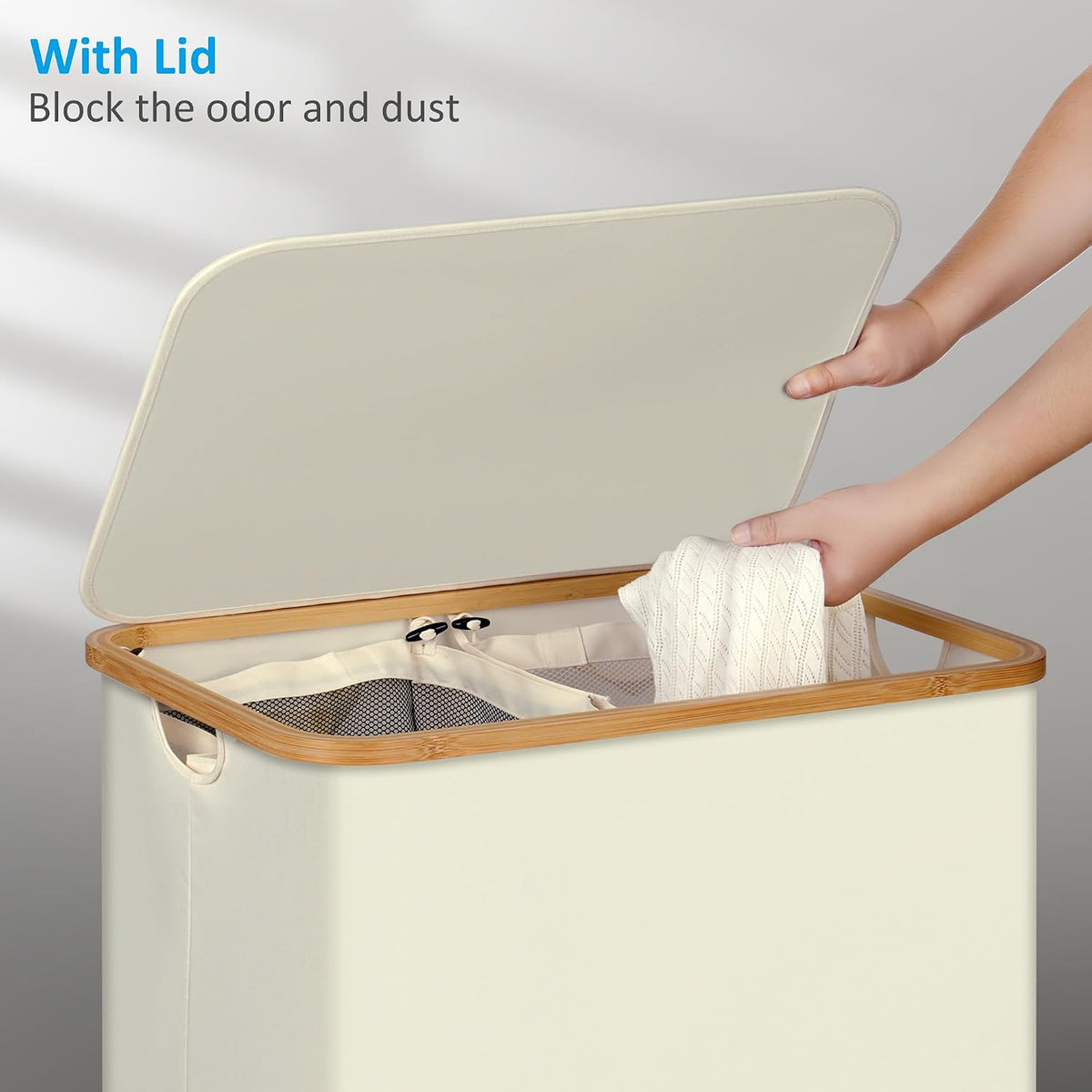 Slim Laundry Basket with Lid, Narrow Laundry Hamper with Removable Bag, Skinny Dirty Clothes Basket with Bamboo Handles for Bathroom, Bedroom & Laundry Room, 90L Beige