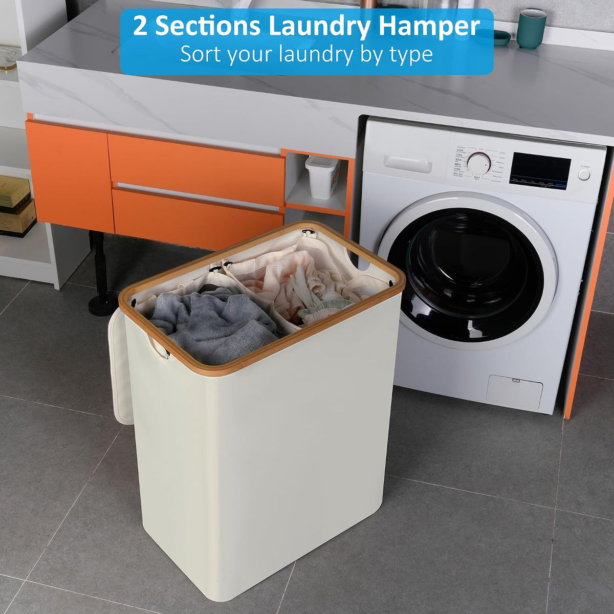 Slim Laundry Basket with Lid, Narrow Laundry Hamper with Removable Bag, Skinny Dirty Clothes Basket with Bamboo Handles for Bathroom, Bedroom & Laundry Room, 90L Beige