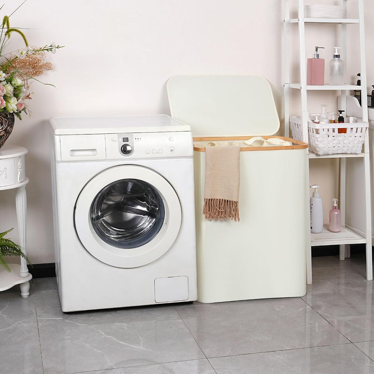 Slim Laundry Basket with Lid, Narrow Laundry Hamper with Removable Bag, Skinny Dirty Clothes Basket with Bamboo Handles for Bathroom, Bedroom & Laundry Room, 90L Beige