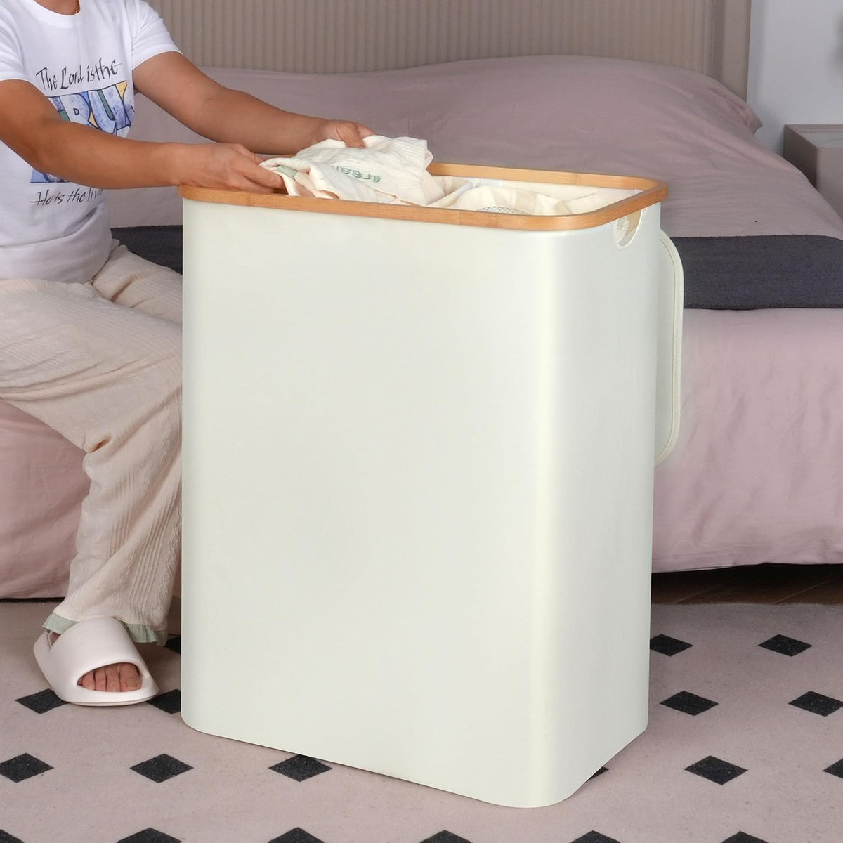 Slim Laundry Basket with Lid, Narrow Laundry Hamper with Removable Bag, Skinny Dirty Clothes Basket with Bamboo Handles for Bathroom, Bedroom & Laundry Room, 90L Beige