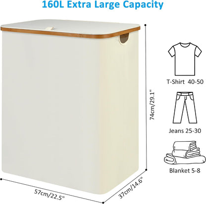 Slim Laundry Basket with Lid, Narrow Laundry Hamper with Removable Bag, Skinny Dirty Clothes Basket with Bamboo Handles for Bathroom, Bedroom & Laundry Room, 90L Beige