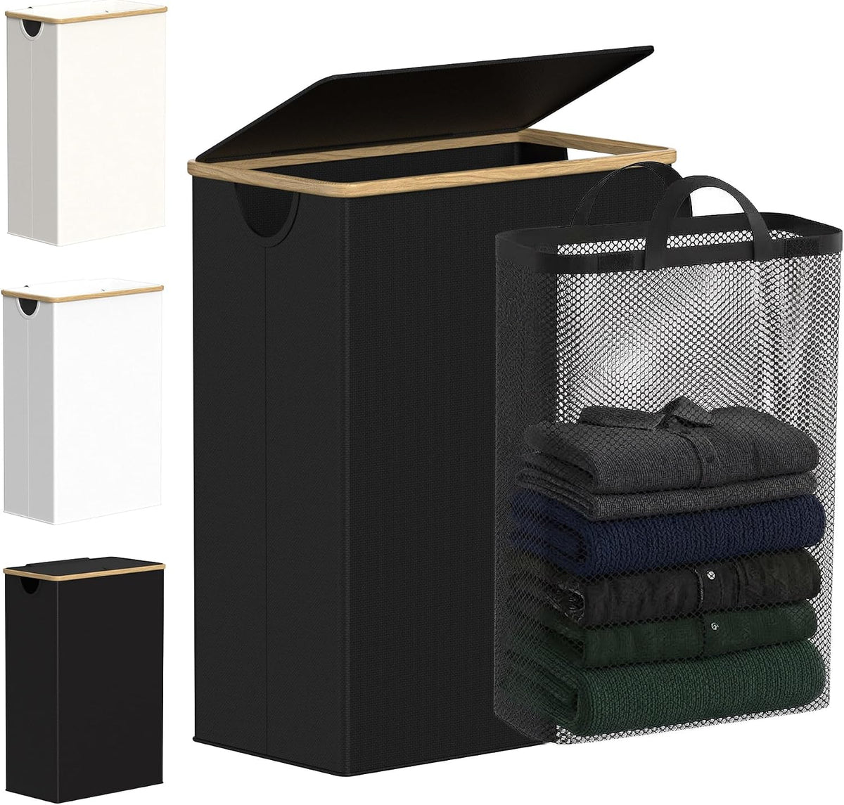 Slim Laundry Basket with Lid, Narrow Laundry Hamper with Removable Bag, Skinny Dirty Clothes Basket with Bamboo Handles for Bathroom, Bedroom & Laundry Room, 90L Beige