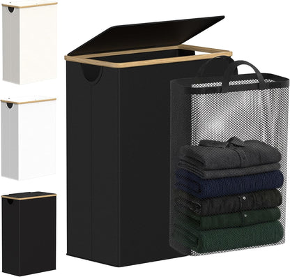 Slim Laundry Basket with Lid, Narrow Laundry Hamper with Removable Bag, Skinny Dirty Clothes Basket with Bamboo Handles for Bathroom, Bedroom & Laundry Room, 90L Beige