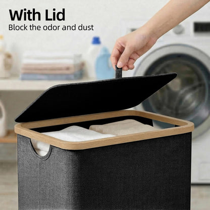 Slim Laundry Basket with Lid, Narrow Laundry Hamper with Removable Bag, Skinny Dirty Clothes Basket with Bamboo Handles for Bathroom, Bedroom & Laundry Room, 90L Beige