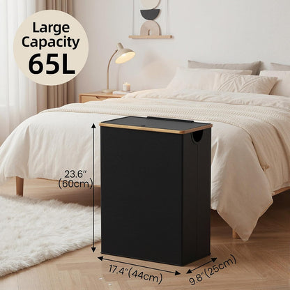 Slim Laundry Basket with Lid, Narrow Laundry Hamper with Removable Bag, Skinny Dirty Clothes Basket with Bamboo Handles for Bathroom, Bedroom & Laundry Room, 90L Beige