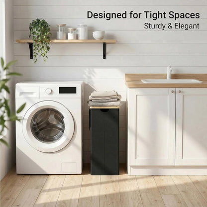 Slim Laundry Basket with Lid, Narrow Laundry Hamper with Removable Bag, Skinny Dirty Clothes Basket with Bamboo Handles for Bathroom, Bedroom & Laundry Room, 90L Beige