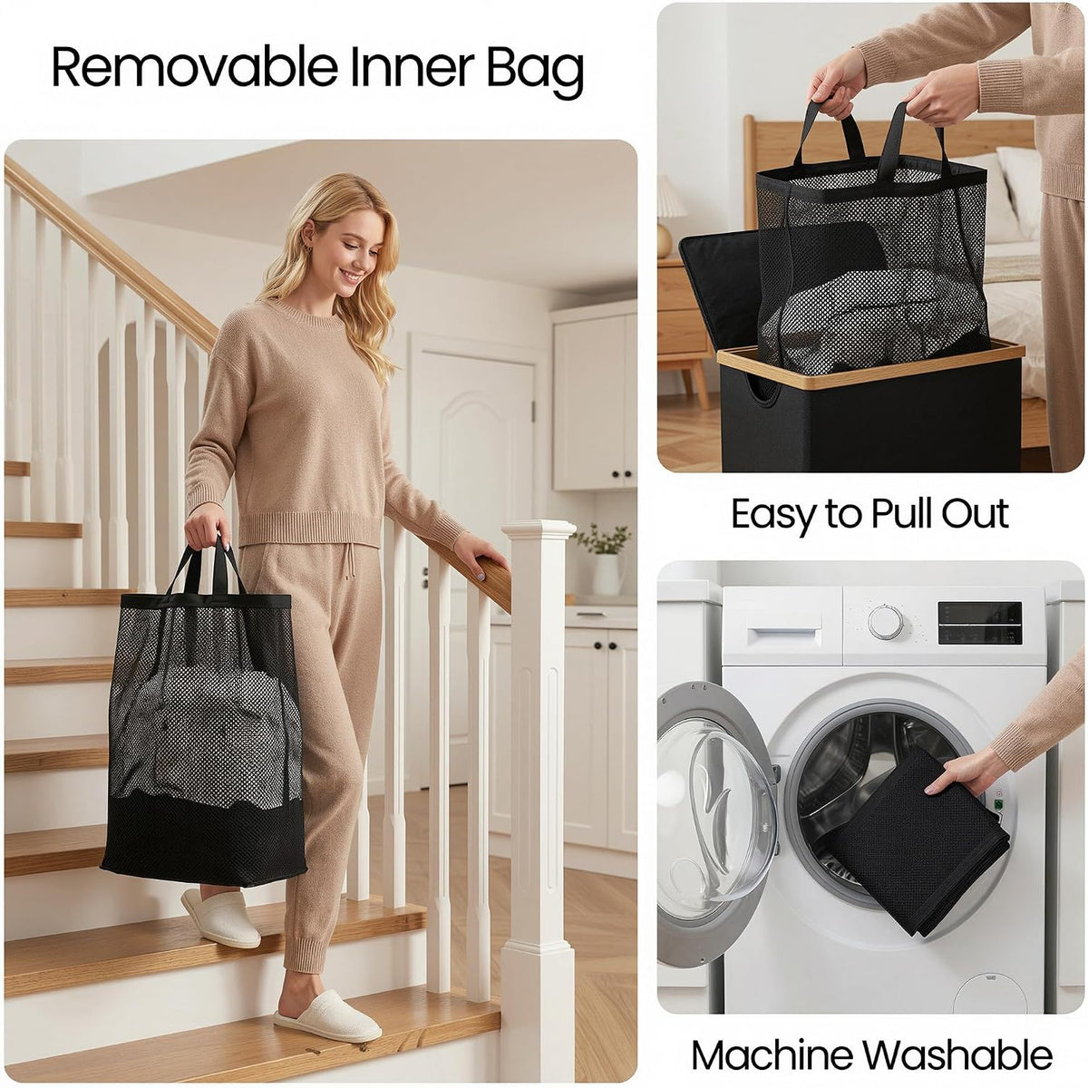 Slim Laundry Basket with Lid, Narrow Laundry Hamper with Removable Bag, Skinny Dirty Clothes Basket with Bamboo Handles for Bathroom, Bedroom & Laundry Room, 90L Beige