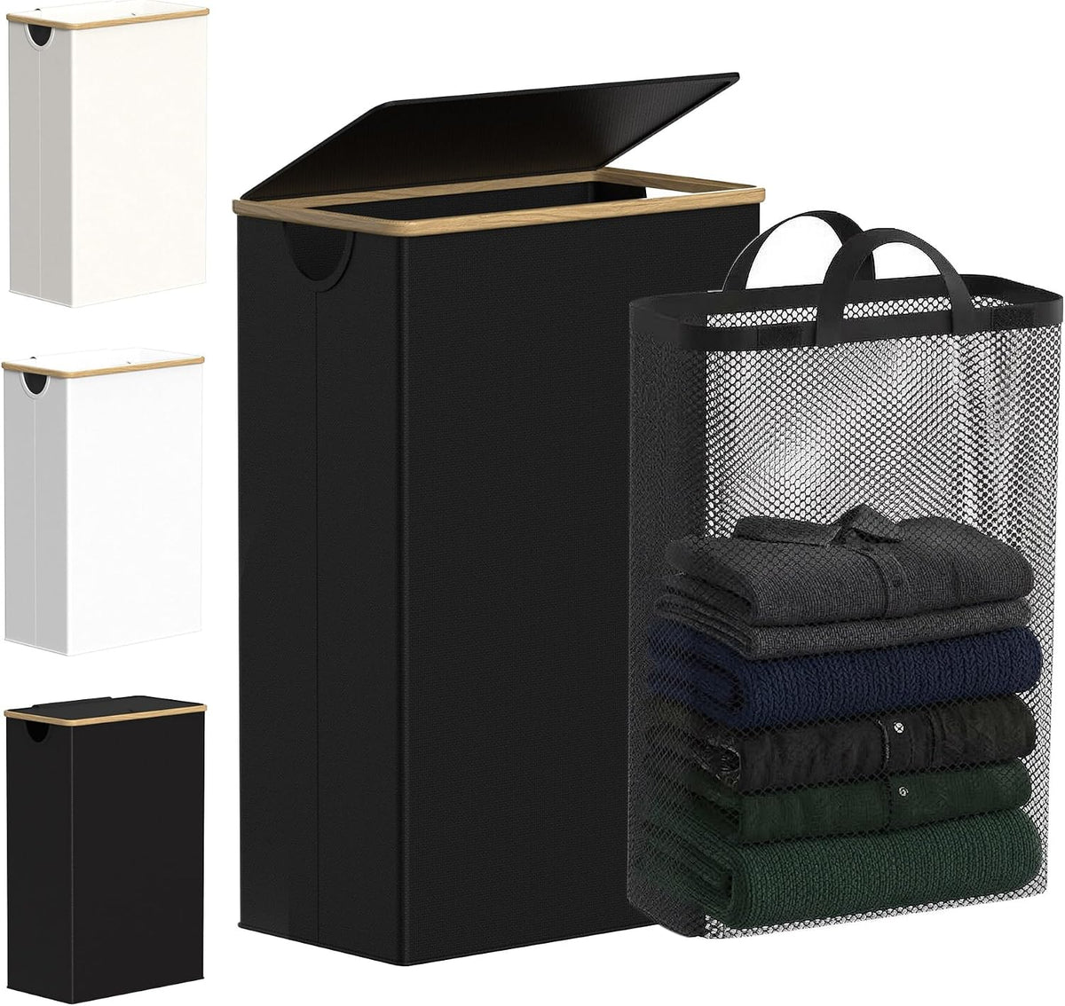Slim Laundry Basket with Lid, Narrow Laundry Hamper with Removable Bag, Skinny Dirty Clothes Basket with Bamboo Handles for Bathroom, Bedroom & Laundry Room, 90L Beige