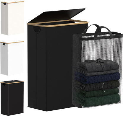 Slim Laundry Basket with Lid, Narrow Laundry Hamper with Removable Bag, Skinny Dirty Clothes Basket with Bamboo Handles for Bathroom, Bedroom & Laundry Room, 90L Beige