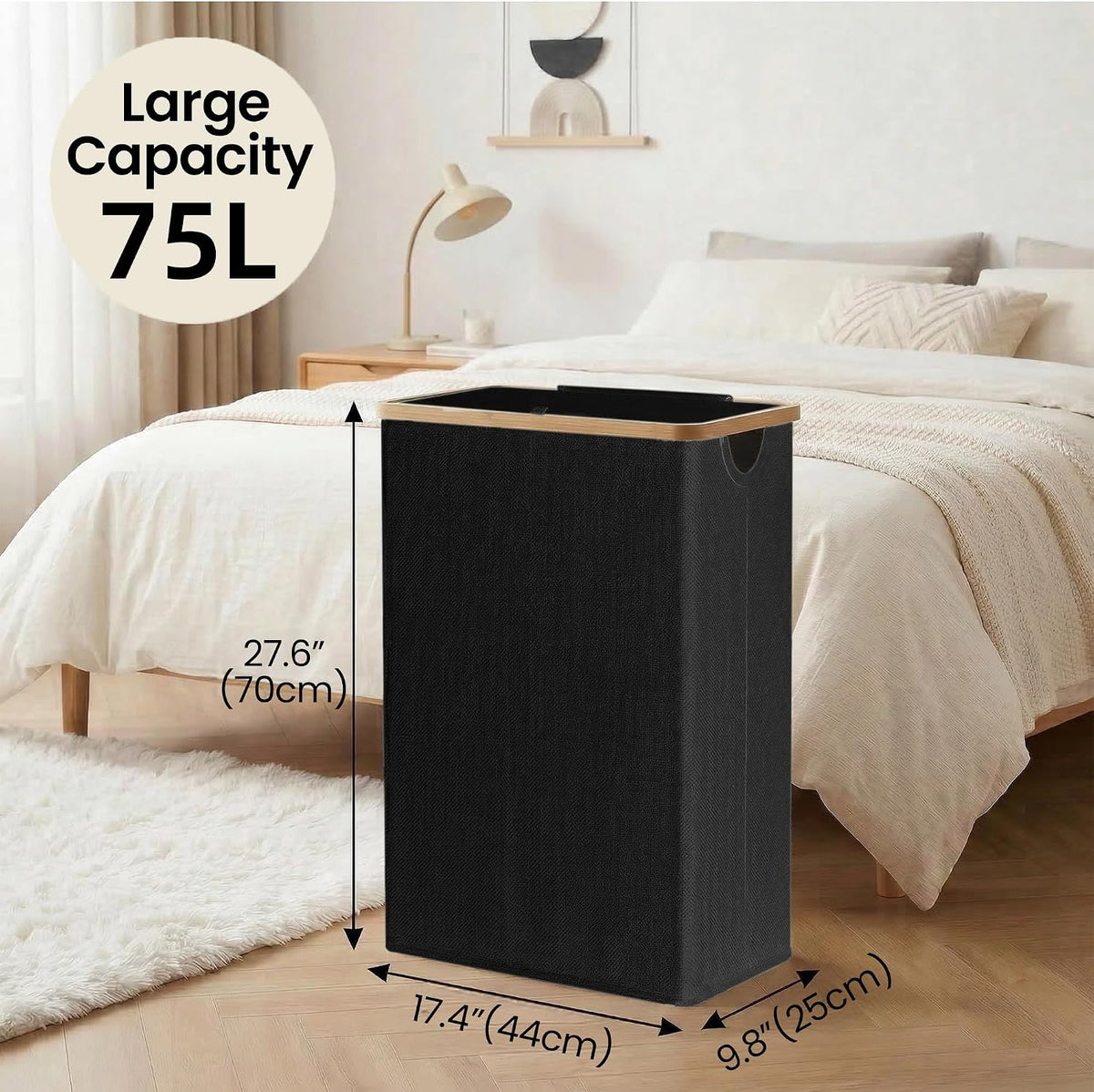 Slim Laundry Basket with Lid, Narrow Laundry Hamper with Removable Bag, Skinny Dirty Clothes Basket with Bamboo Handles for Bathroom, Bedroom & Laundry Room, 90L Beige