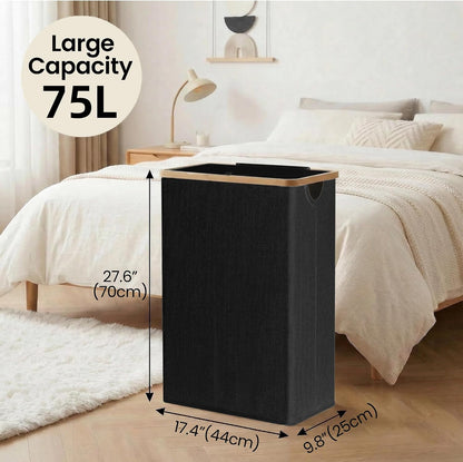 Slim Laundry Basket with Lid, Narrow Laundry Hamper with Removable Bag, Skinny Dirty Clothes Basket with Bamboo Handles for Bathroom, Bedroom & Laundry Room, 90L Beige