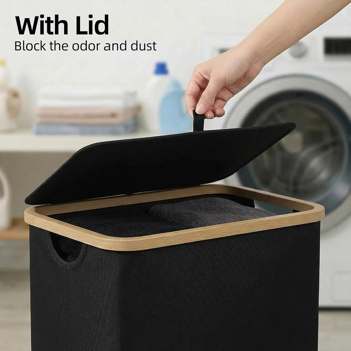 Slim Laundry Basket with Lid, Narrow Laundry Hamper with Removable Bag, Skinny Dirty Clothes Basket with Bamboo Handles for Bathroom, Bedroom & Laundry Room, 90L Beige