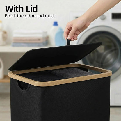 Slim Laundry Basket with Lid, Narrow Laundry Hamper with Removable Bag, Skinny Dirty Clothes Basket with Bamboo Handles for Bathroom, Bedroom & Laundry Room, 90L Beige