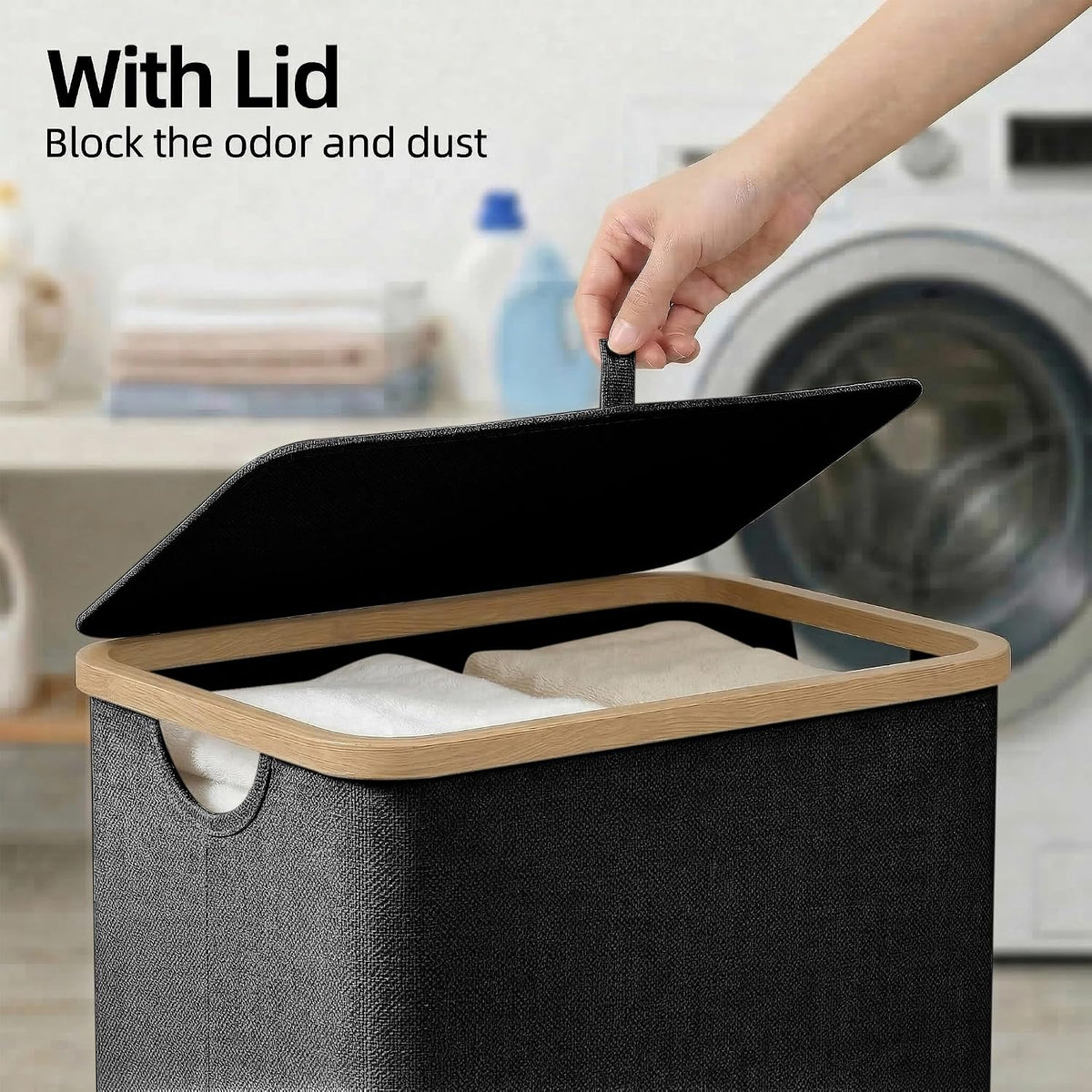 Slim Laundry Basket with Lid, Narrow Laundry Hamper with Removable Bag, Skinny Dirty Clothes Basket with Bamboo Handles for Bathroom, Bedroom & Laundry Room, 90L Beige