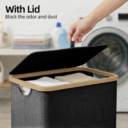 Slim Laundry Basket with Lid, Narrow Laundry Hamper with Removable Bag, Skinny Dirty Clothes Basket with Bamboo Handles for Bathroom, Bedroom & Laundry Room, 90L Beige