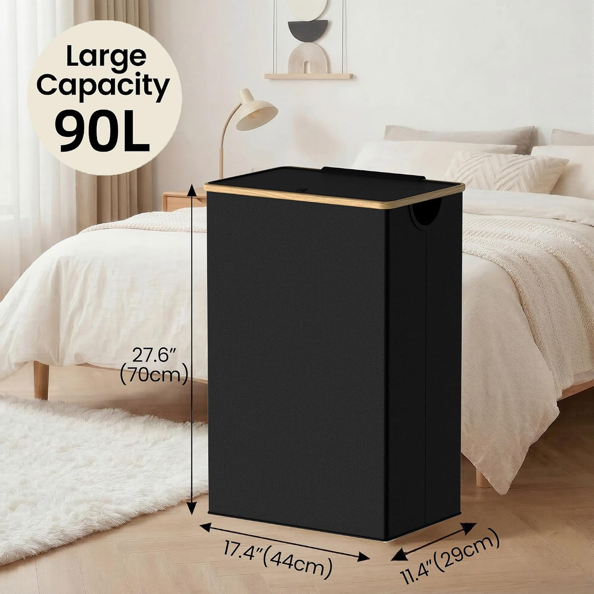 Slim Laundry Basket with Lid, Narrow Laundry Hamper with Removable Bag, Skinny Dirty Clothes Basket with Bamboo Handles for Bathroom, Bedroom & Laundry Room, 90L Beige