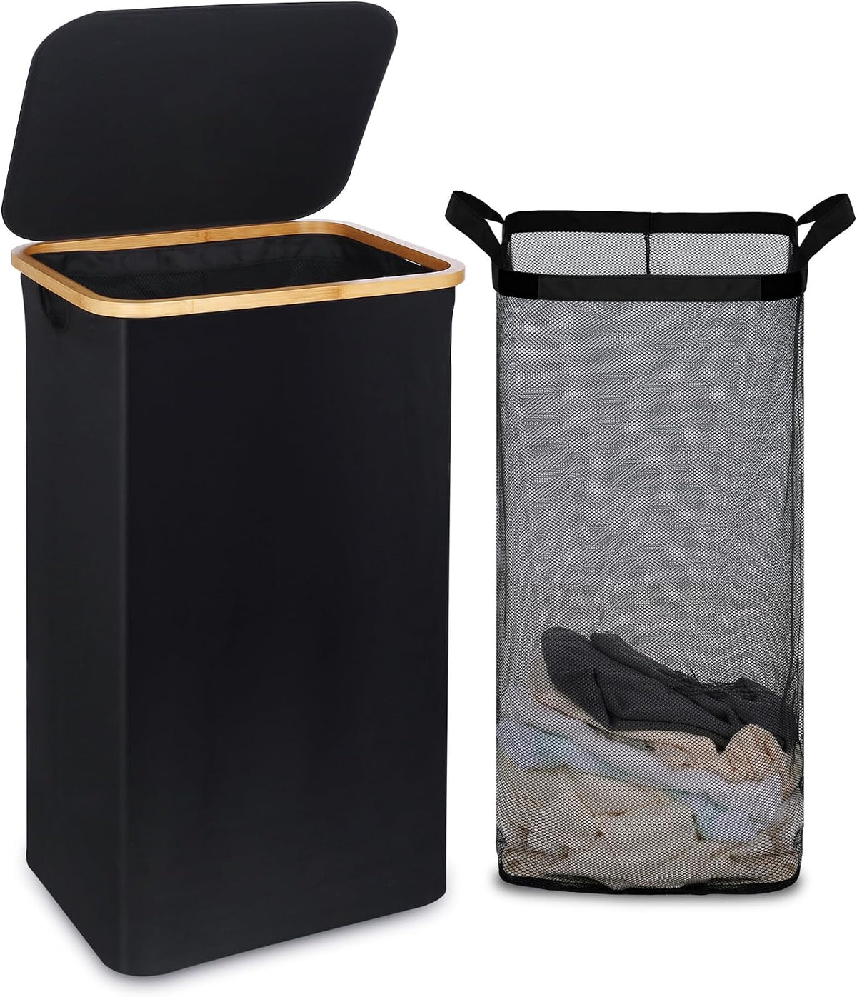 Slim Laundry Basket with Lid, Narrow Laundry Hamper with Removable Bag, Skinny Dirty Clothes Basket with Bamboo Handles for Bathroom, Bedroom & Laundry Room, 90L Beige