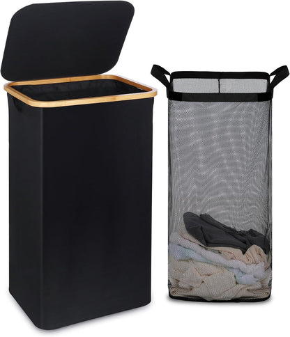Slim Laundry Basket with Lid, Narrow Laundry Hamper with Removable Bag, Skinny Dirty Clothes Basket with Bamboo Handles for Bathroom, Bedroom & Laundry Room, 90L Beige