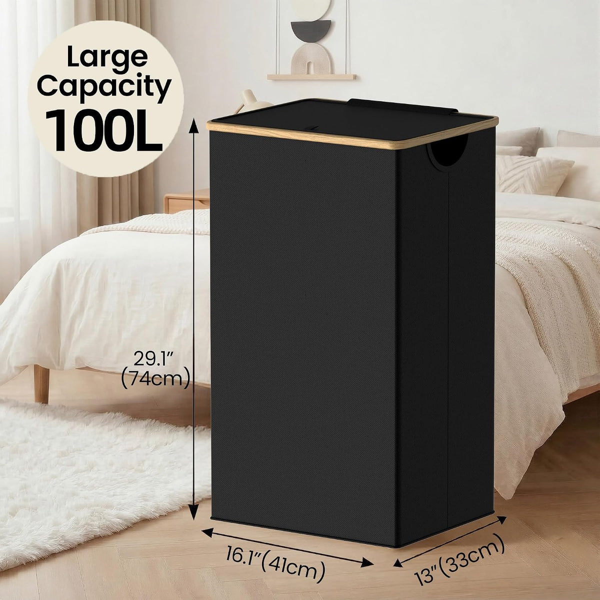 Slim Laundry Basket with Lid, Narrow Laundry Hamper with Removable Bag, Skinny Dirty Clothes Basket with Bamboo Handles for Bathroom, Bedroom & Laundry Room, 90L Beige