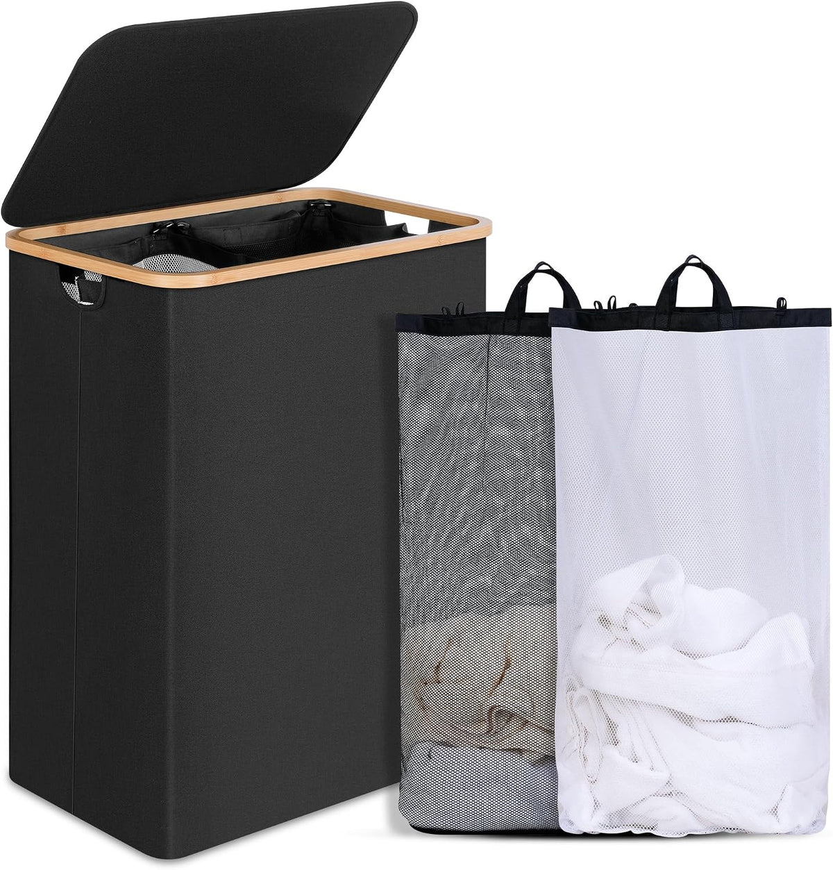Slim Laundry Basket with Lid, Narrow Laundry Hamper with Removable Bag, Skinny Dirty Clothes Basket with Bamboo Handles for Bathroom, Bedroom & Laundry Room, 90L Beige