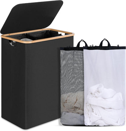 Slim Laundry Basket with Lid, Narrow Laundry Hamper with Removable Bag, Skinny Dirty Clothes Basket with Bamboo Handles for Bathroom, Bedroom & Laundry Room, 90L Beige
