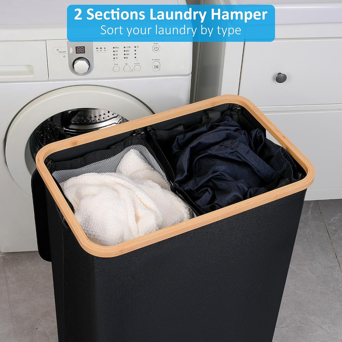 Slim Laundry Basket with Lid, Narrow Laundry Hamper with Removable Bag, Skinny Dirty Clothes Basket with Bamboo Handles for Bathroom, Bedroom & Laundry Room, 90L Beige