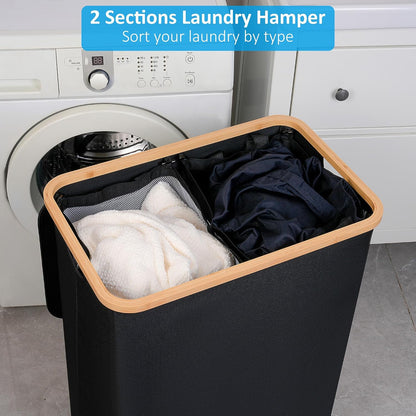 Slim Laundry Basket with Lid, Narrow Laundry Hamper with Removable Bag, Skinny Dirty Clothes Basket with Bamboo Handles for Bathroom, Bedroom & Laundry Room, 90L Beige