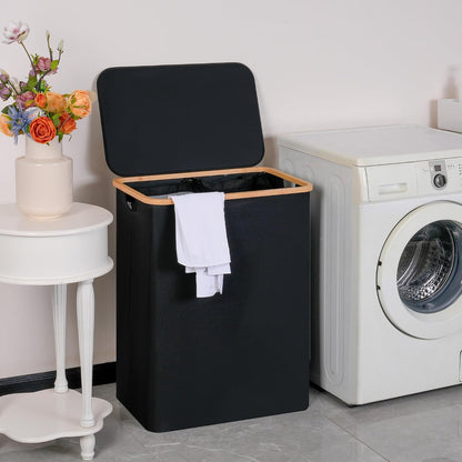 Slim Laundry Basket with Lid, Narrow Laundry Hamper with Removable Bag, Skinny Dirty Clothes Basket with Bamboo Handles for Bathroom, Bedroom & Laundry Room, 90L Beige