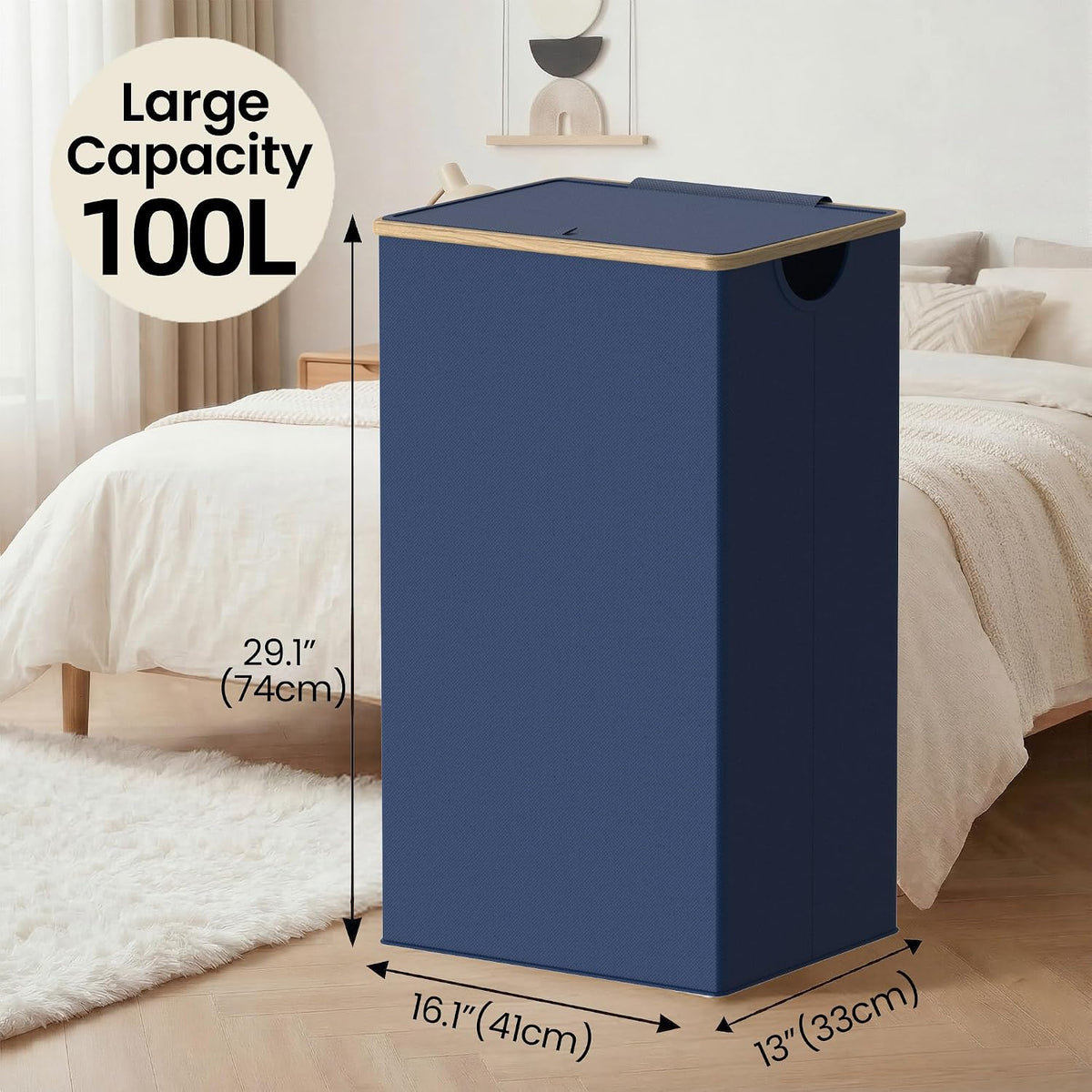 Slim Laundry Basket with Lid, Narrow Laundry Hamper with Removable Bag, Skinny Dirty Clothes Basket with Bamboo Handles for Bathroom, Bedroom & Laundry Room, 90L Beige