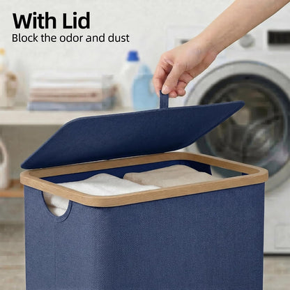 Slim Laundry Basket with Lid, Narrow Laundry Hamper with Removable Bag, Skinny Dirty Clothes Basket with Bamboo Handles for Bathroom, Bedroom & Laundry Room, 90L Beige
