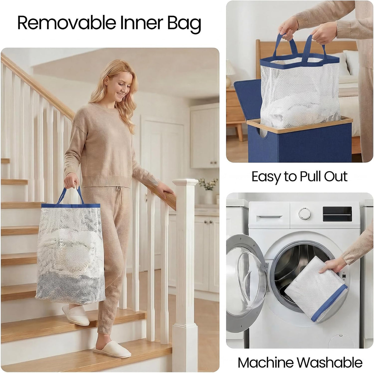 Slim Laundry Basket with Lid, Narrow Laundry Hamper with Removable Bag, Skinny Dirty Clothes Basket with Bamboo Handles for Bathroom, Bedroom & Laundry Room, 90L Beige