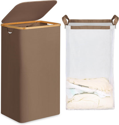 Slim Laundry Basket with Lid, Narrow Laundry Hamper with Removable Bag, Skinny Dirty Clothes Basket with Bamboo Handles for Bathroom, Bedroom & Laundry Room, 90L Beige