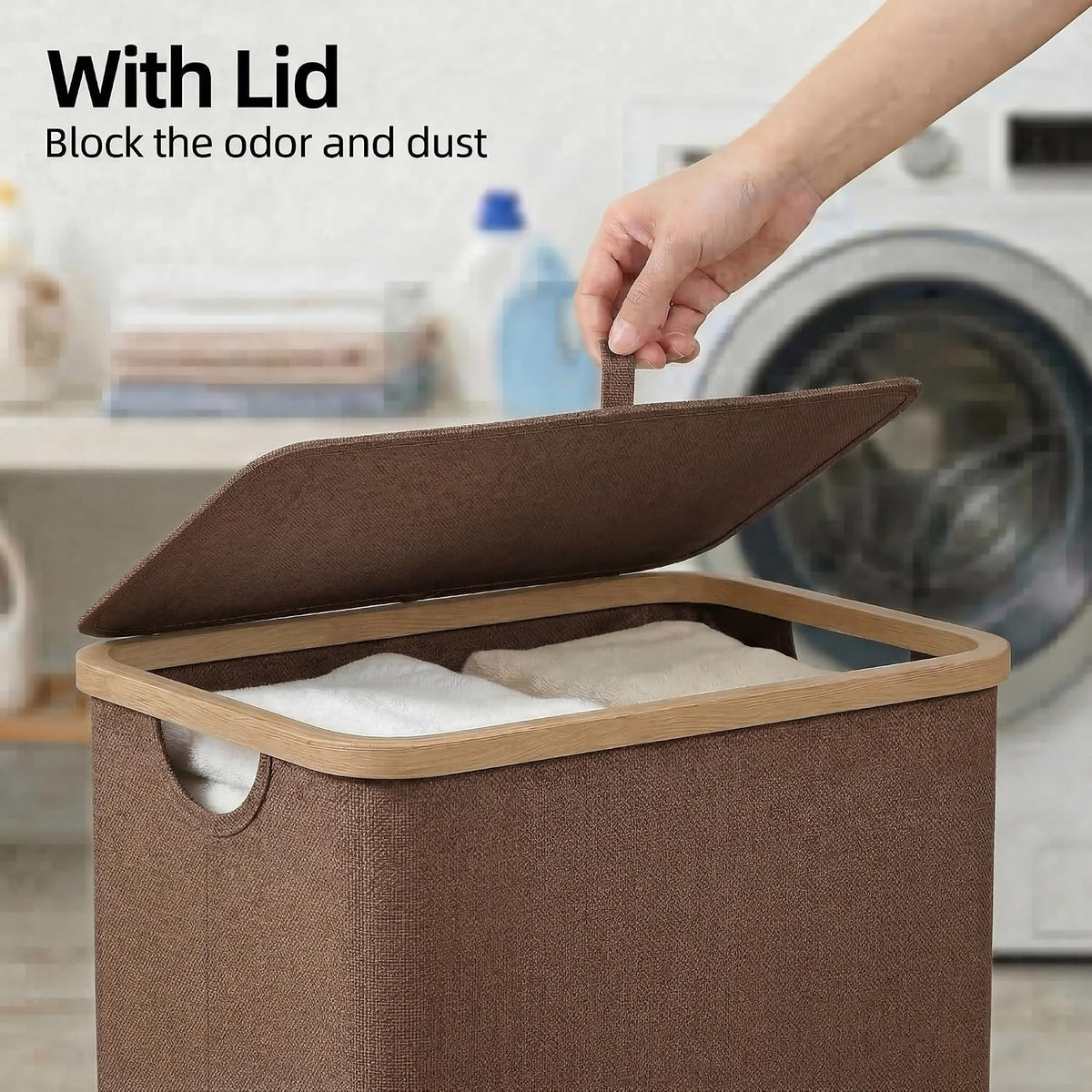Slim Laundry Basket with Lid, Narrow Laundry Hamper with Removable Bag, Skinny Dirty Clothes Basket with Bamboo Handles for Bathroom, Bedroom & Laundry Room, 90L Beige
