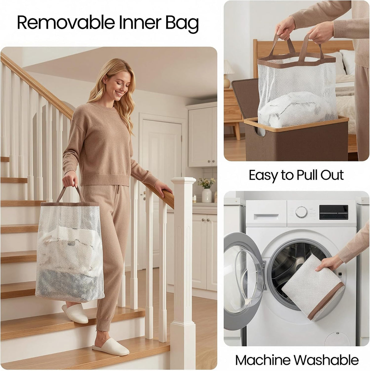 Slim Laundry Basket with Lid, Narrow Laundry Hamper with Removable Bag, Skinny Dirty Clothes Basket with Bamboo Handles for Bathroom, Bedroom & Laundry Room, 90L Beige