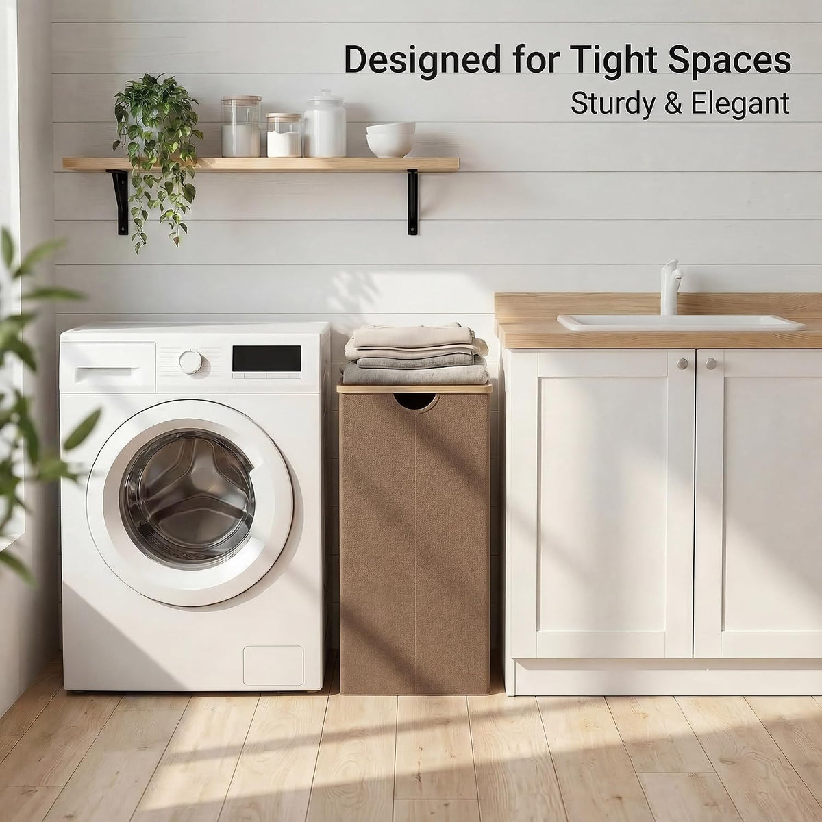 Slim Laundry Basket with Lid, Narrow Laundry Hamper with Removable Bag, Skinny Dirty Clothes Basket with Bamboo Handles for Bathroom, Bedroom & Laundry Room, 90L Beige