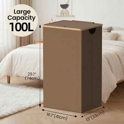 Slim Laundry Basket with Lid, Narrow Laundry Hamper with Removable Bag, Skinny Dirty Clothes Basket with Bamboo Handles for Bathroom, Bedroom & Laundry Room, 90L Beige
