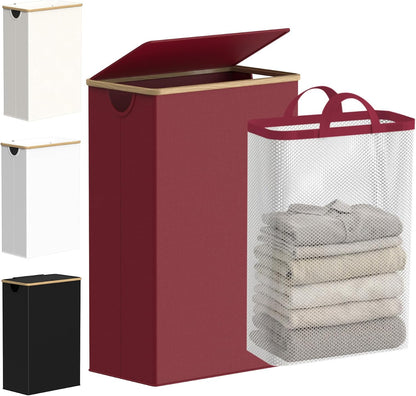 Slim Laundry Basket with Lid, Narrow Laundry Hamper with Removable Bag, Skinny Dirty Clothes Basket with Bamboo Handles for Bathroom, Bedroom & Laundry Room, 90L Beige