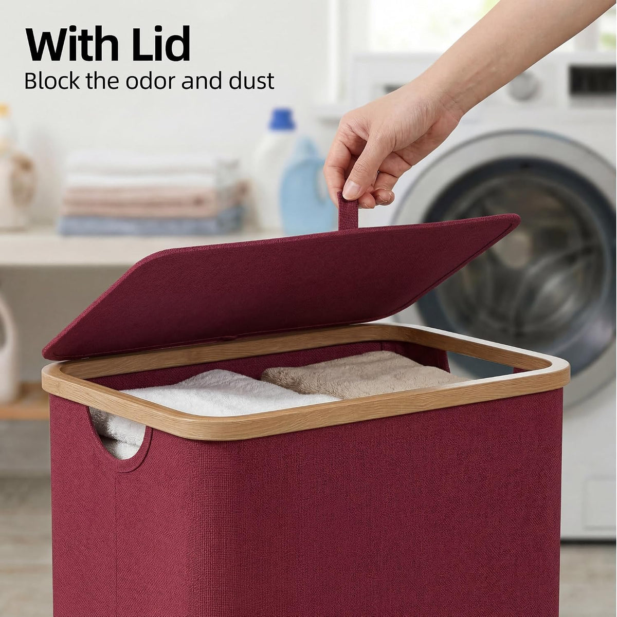 Slim Laundry Basket with Lid, Narrow Laundry Hamper with Removable Bag, Skinny Dirty Clothes Basket with Bamboo Handles for Bathroom, Bedroom & Laundry Room, 90L Beige