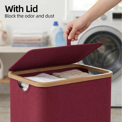 Slim Laundry Basket with Lid, Narrow Laundry Hamper with Removable Bag, Skinny Dirty Clothes Basket with Bamboo Handles for Bathroom, Bedroom & Laundry Room, 90L Beige