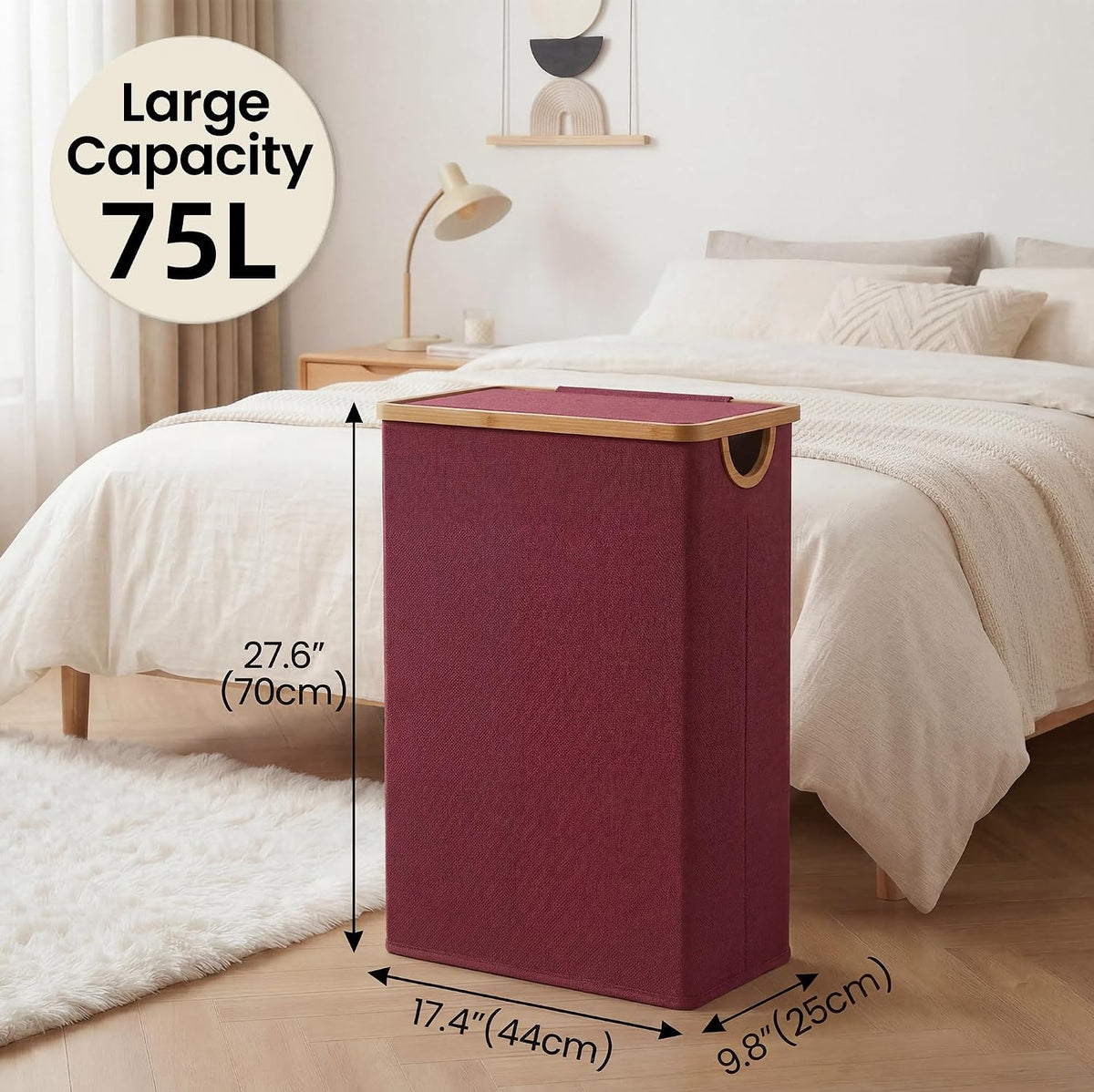 Slim Laundry Basket with Lid, Narrow Laundry Hamper with Removable Bag, Skinny Dirty Clothes Basket with Bamboo Handles for Bathroom, Bedroom & Laundry Room, 90L Beige
