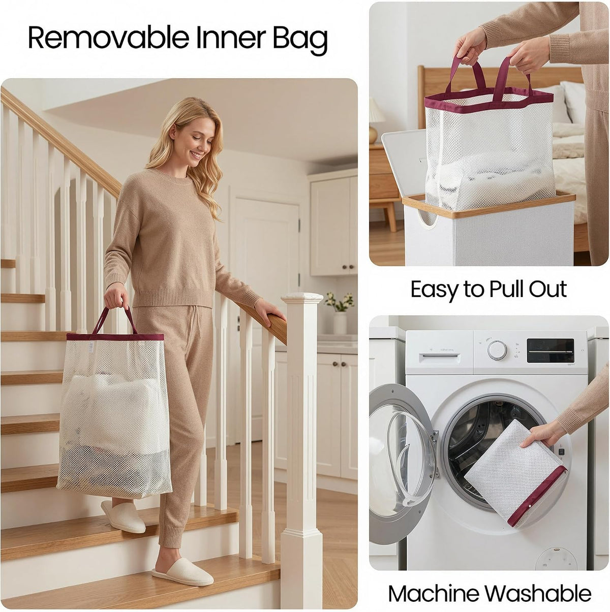 Slim Laundry Basket with Lid, Narrow Laundry Hamper with Removable Bag, Skinny Dirty Clothes Basket with Bamboo Handles for Bathroom, Bedroom & Laundry Room, 90L Beige