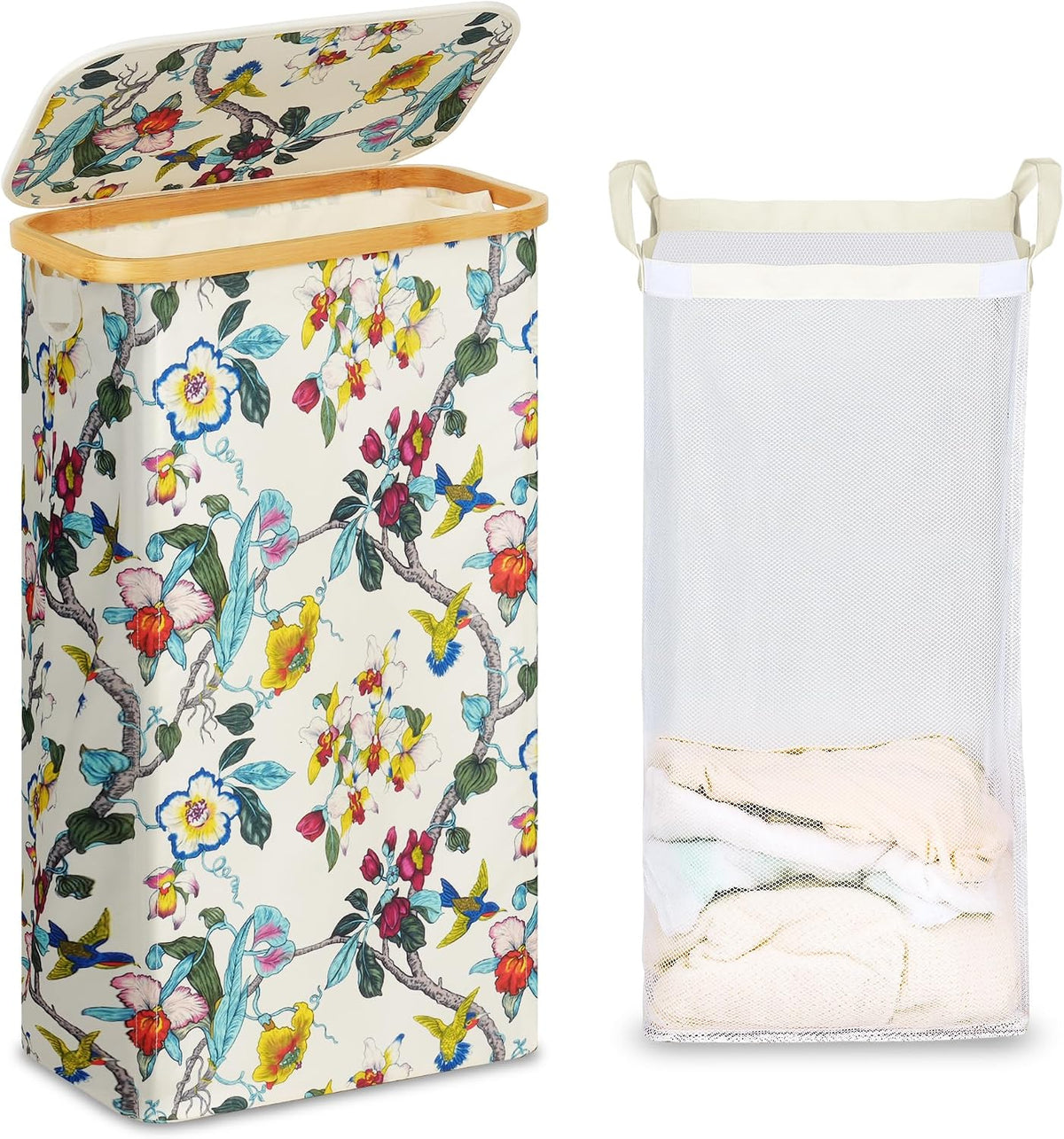 Slim Laundry Basket with Lid, Narrow Laundry Hamper with Removable Bag, Skinny Dirty Clothes Basket with Bamboo Handles for Bathroom, Bedroom & Laundry Room, 90L Beige