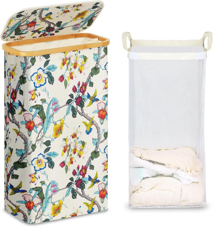 Slim Laundry Basket with Lid, Narrow Laundry Hamper with Removable Bag, Skinny Dirty Clothes Basket with Bamboo Handles for Bathroom, Bedroom & Laundry Room, 90L Beige