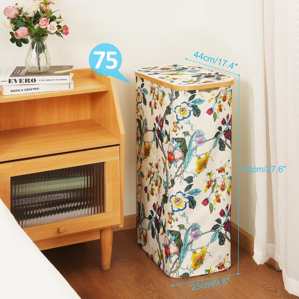 Slim Laundry Basket with Lid, Narrow Laundry Hamper with Removable Bag, Skinny Dirty Clothes Basket with Bamboo Handles for Bathroom, Bedroom & Laundry Room, 90L Beige