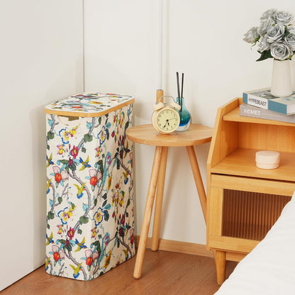 Slim Laundry Basket with Lid, Narrow Laundry Hamper with Removable Bag, Skinny Dirty Clothes Basket with Bamboo Handles for Bathroom, Bedroom & Laundry Room, 90L Beige