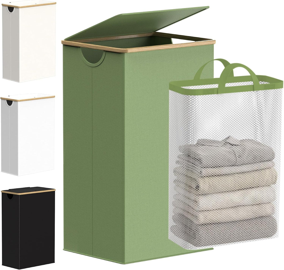 Slim Laundry Basket with Lid, Narrow Laundry Hamper with Removable Bag, Skinny Dirty Clothes Basket with Bamboo Handles for Bathroom, Bedroom & Laundry Room, 90L Beige