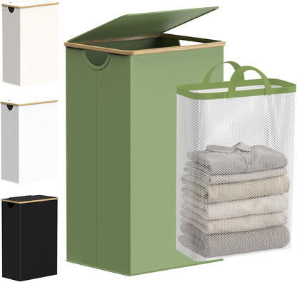 Slim Laundry Basket with Lid, Narrow Laundry Hamper with Removable Bag, Skinny Dirty Clothes Basket with Bamboo Handles for Bathroom, Bedroom & Laundry Room, 90L Beige