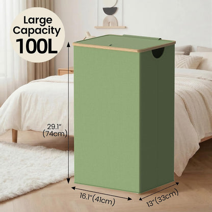 Slim Laundry Basket with Lid, Narrow Laundry Hamper with Removable Bag, Skinny Dirty Clothes Basket with Bamboo Handles for Bathroom, Bedroom & Laundry Room, 90L Beige