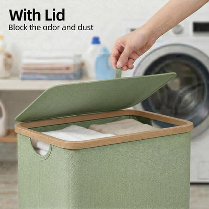 Slim Laundry Basket with Lid, Narrow Laundry Hamper with Removable Bag, Skinny Dirty Clothes Basket with Bamboo Handles for Bathroom, Bedroom & Laundry Room, 90L Beige