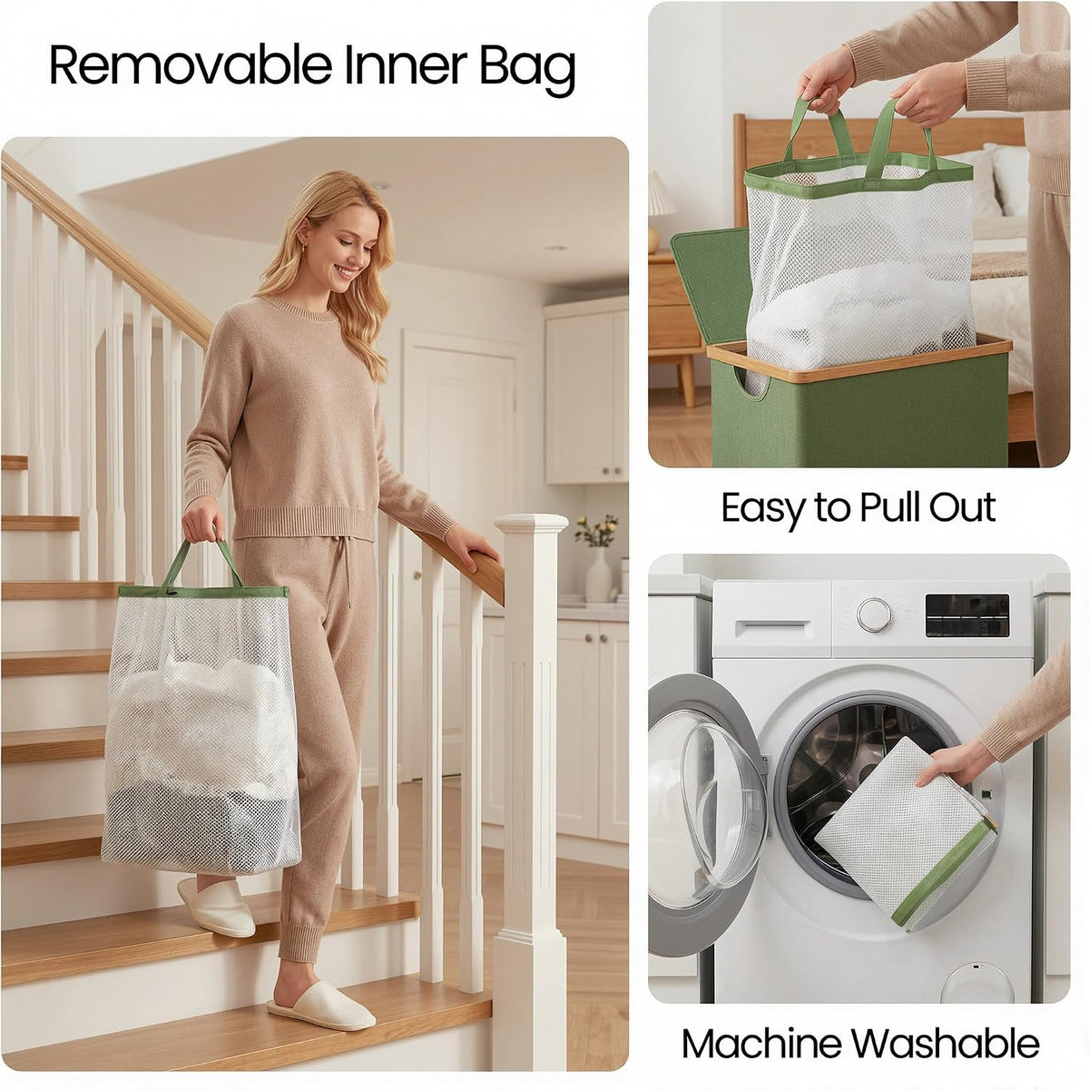Slim Laundry Basket with Lid, Narrow Laundry Hamper with Removable Bag, Skinny Dirty Clothes Basket with Bamboo Handles for Bathroom, Bedroom & Laundry Room, 90L Beige